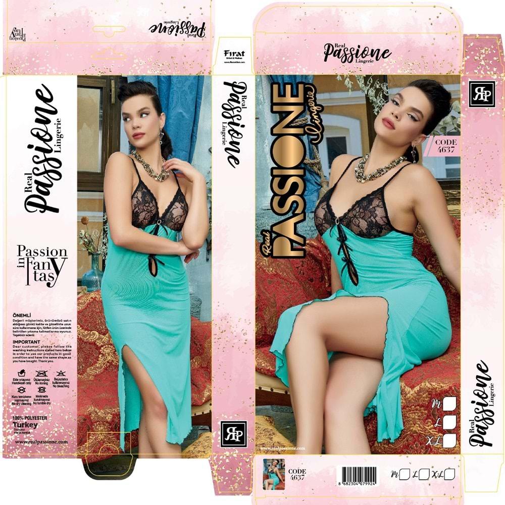 Passione 4637 Bayan Uzun Transparan Dantelli Gecelik - Mint Yeşil
