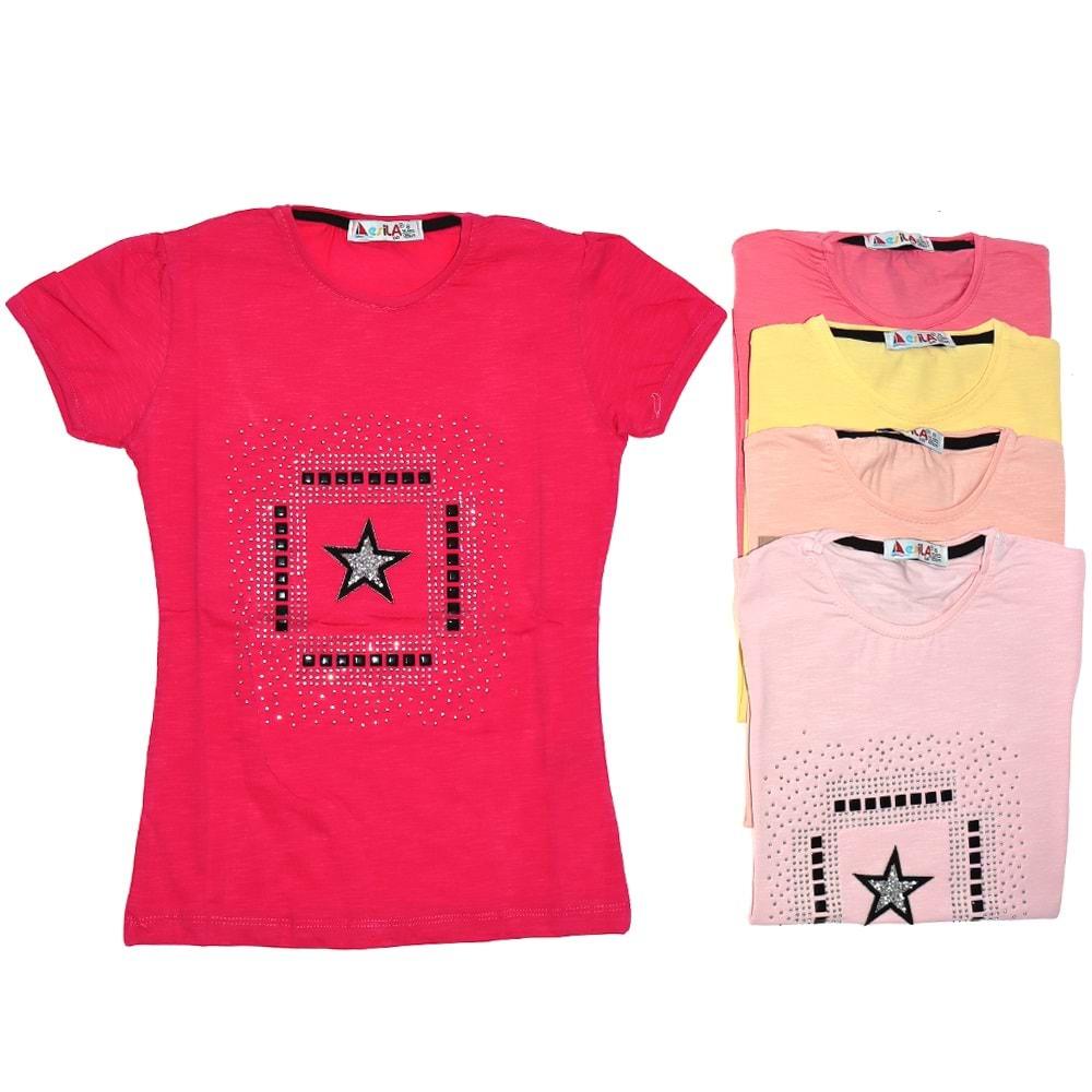 Esila 818 Taşlı Yıldız Nakışlı Kız Çocuk Tişört 5-8 Yaş - Pembe