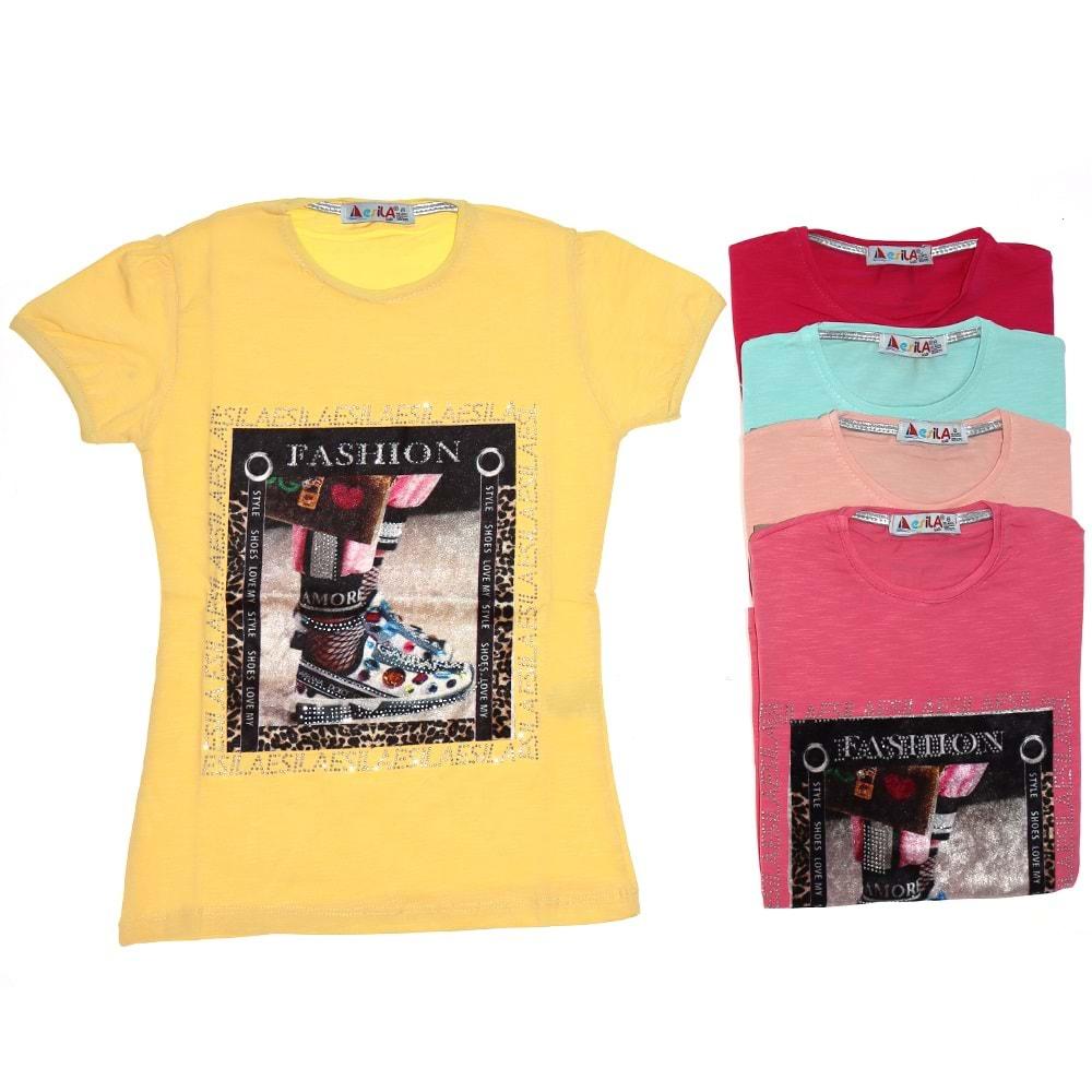 Esila 826 Taşlı Fashion Baskılı Kız Çocuk Tişört 5-8 Yaş - Mint Yeşil