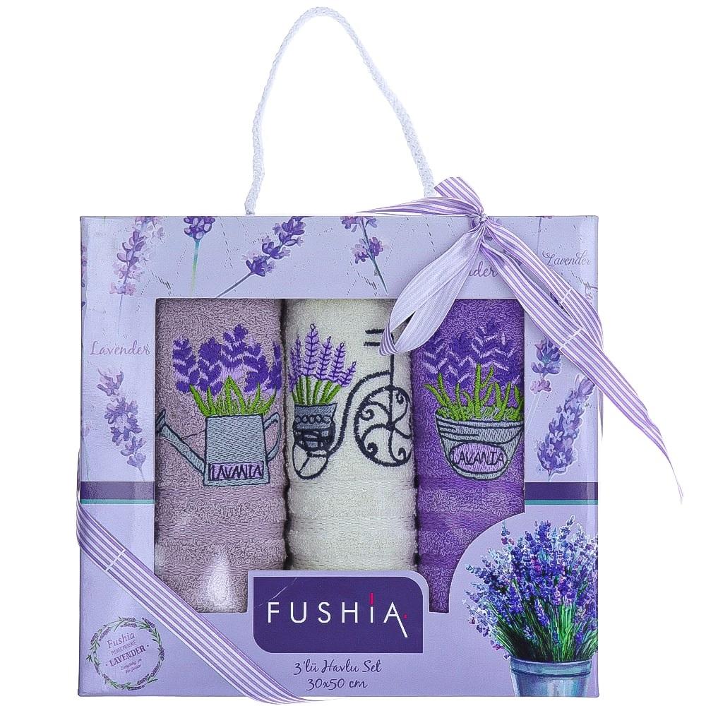 Fushia 003287 Lavanta Nakışlı 3 lü Cunda Havlu Set 30x50 cm