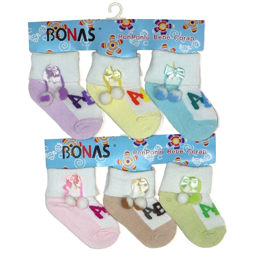 Bonas 818 B Bebe Likralı Ponpon Aksesuarlı Soket Çorap - Karışık Renk - 0-1 YAŞ
