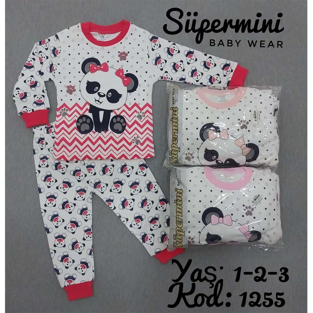 Süpermini 1255 Kız Çocuk Panda Baskılı 2 li Pijama Takım 1-3 Yaş