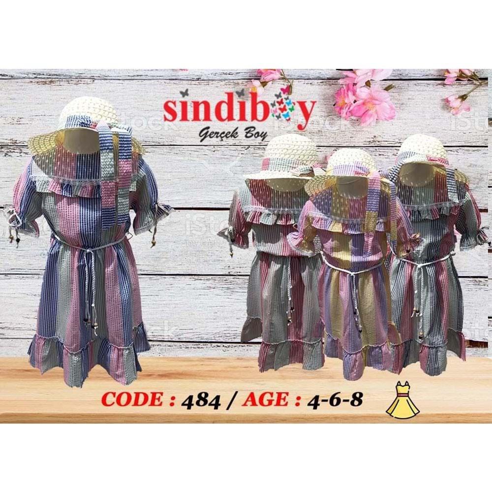 Sindiboy 484 Çizgili Fırfırlı Şapkalı Elbise 4-8 Yaş - Nar Çiçeği - 4-6-8 YAŞ