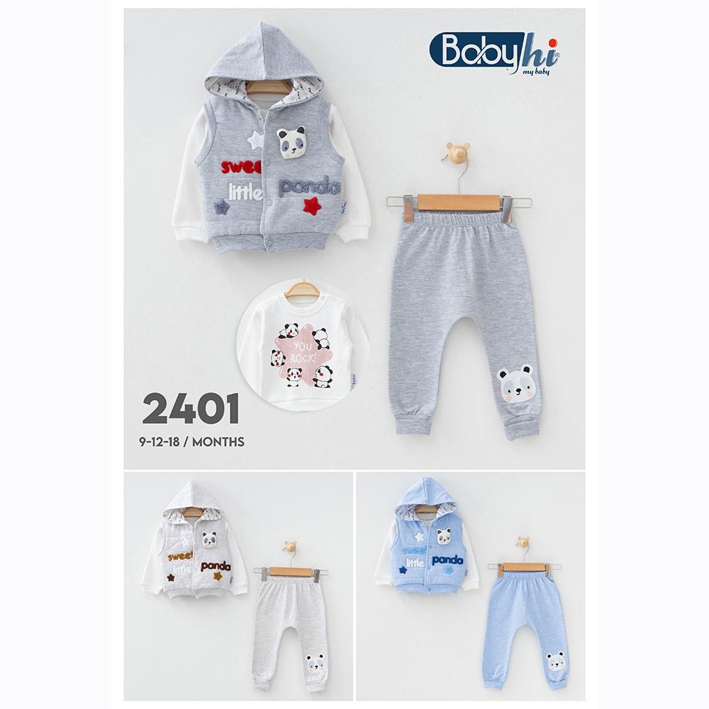 Baby Hi 2401 Erkek Bebe Sweatshirt Panda Yelekli 3 lü Takım 6. 9. 18 Ay