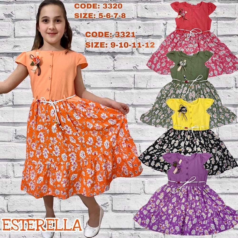 Esterella 3321 Kız Çocuk Ay Kol Çiçek Desenli Tokalı Elbise 9-12 Yaş