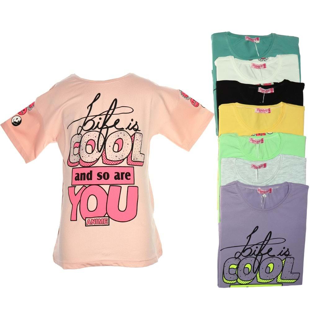 Pembe 5151 Kız Çocuk Cool You Anıme Taşlı Tişört 9-12 Yaş - Lila