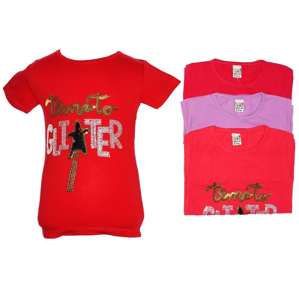 Caniko 05 Kız Bebe Pullu Yazı Baskılı Tişört 1-4 Yaş - Lila - 1-2-3-4 YAŞ