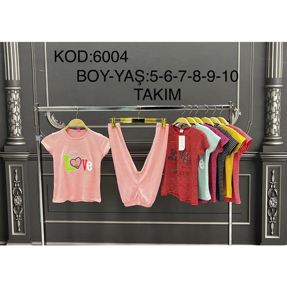 Ti-Du 6004 Kız Çocuk Love Nakışlı Çizgili Takım 5-10 Yaş- Nar Çiçeği - 5-10 YAŞ