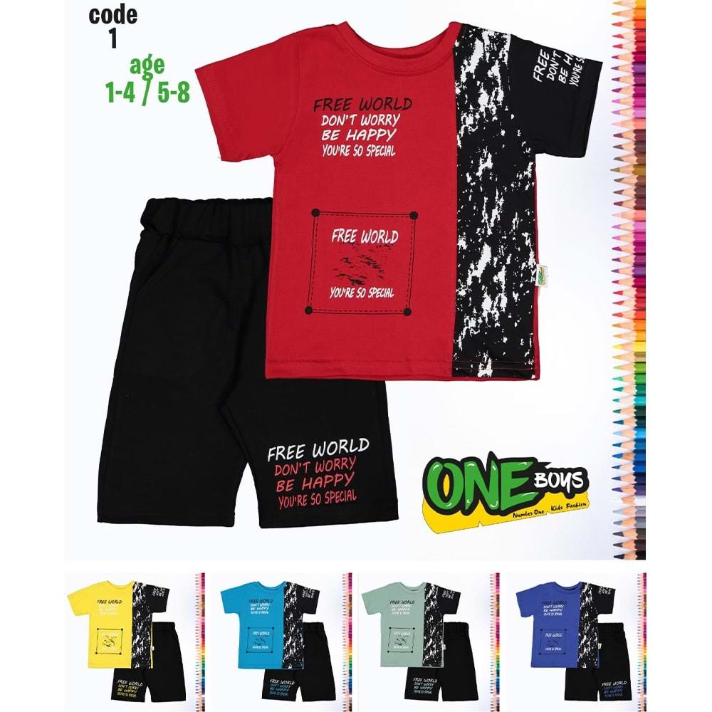 One Boys Erkek Çocuk Free World Baskılı Penye Şortlu Tişört Takım 5-8 Yaş