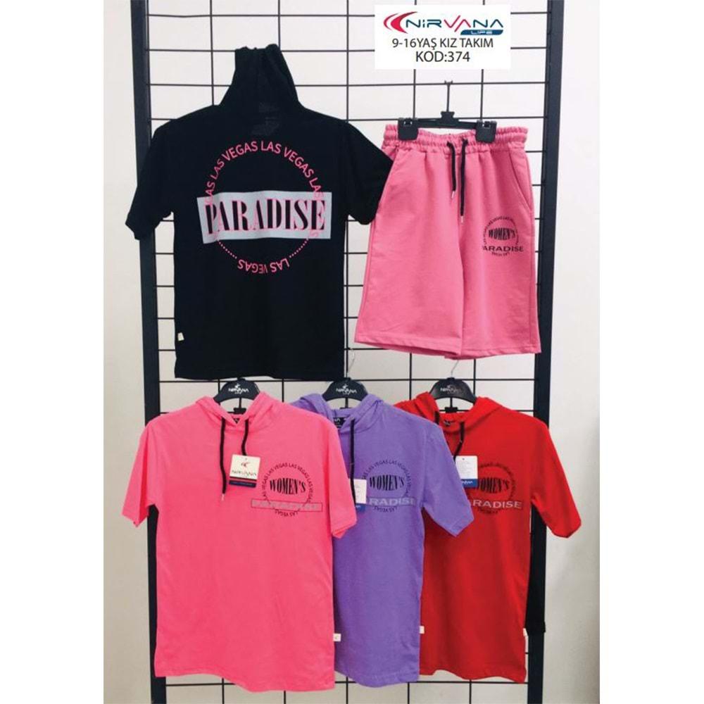 Nirvana 374 Kız Çocuk Womens Baskılı Kapşonlu Şortlu Takım 9-12 Yaş - Pembe