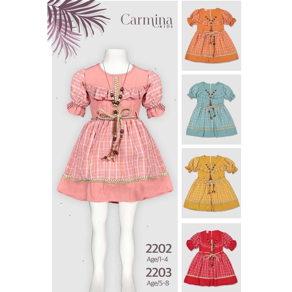 Carmina 2202 Kız Çocuk Ekose Krinkıl Kolyeli Elbise 1-4 Yaş - Pudra - 1-2-3-4 YAŞ