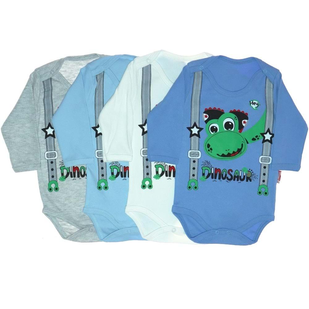 Pabbuc Baby Erkek Bebe Dinosaur Bas. U.Kollu Çıtçıtlı Badi 3-6-9-12 AY - Ekru - 3-6-9-12 AY