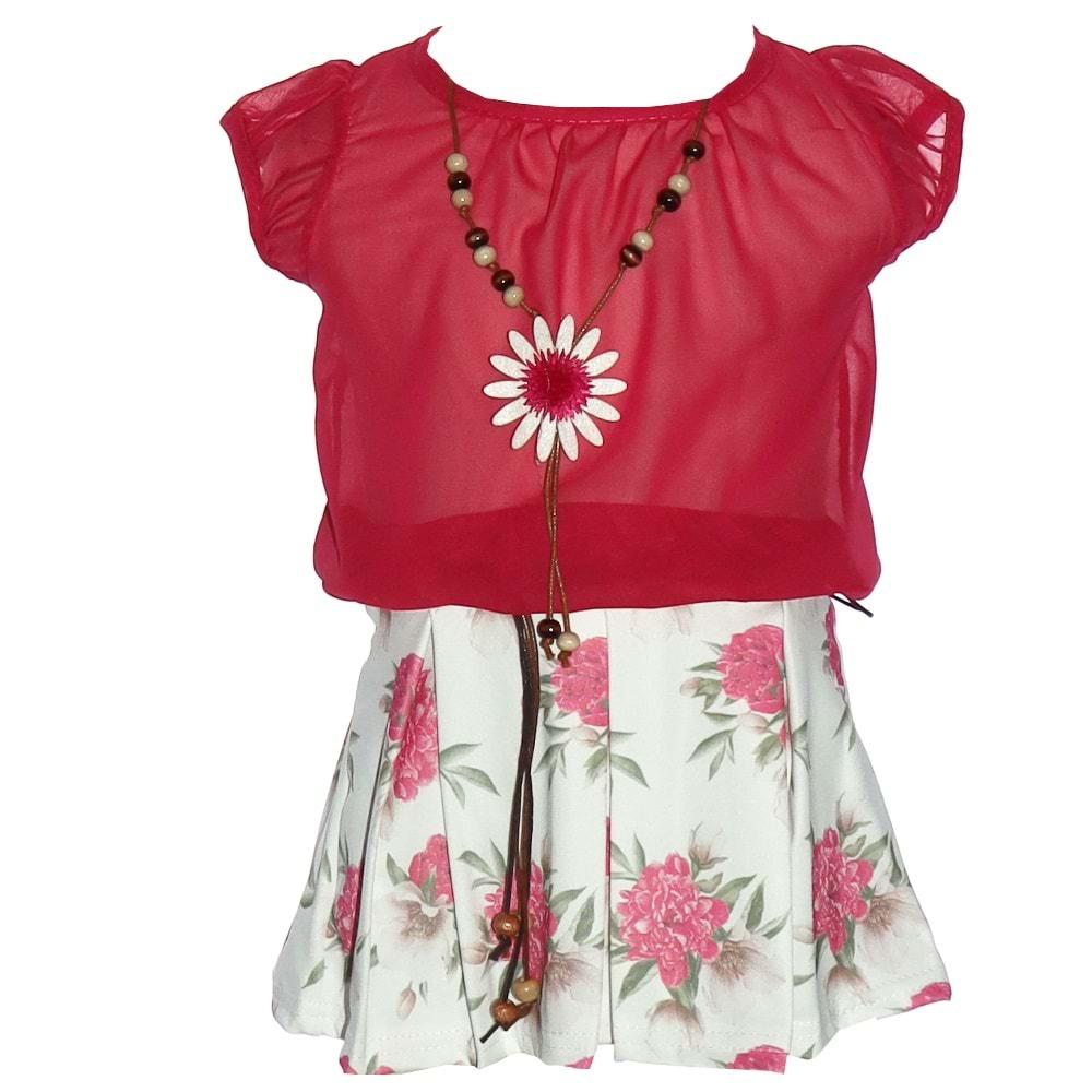 Bubuki Kız Çocuk Şifon Kolyeli Çiçek Desenli Sıfır Kol Elbise 2-5 Yaş
