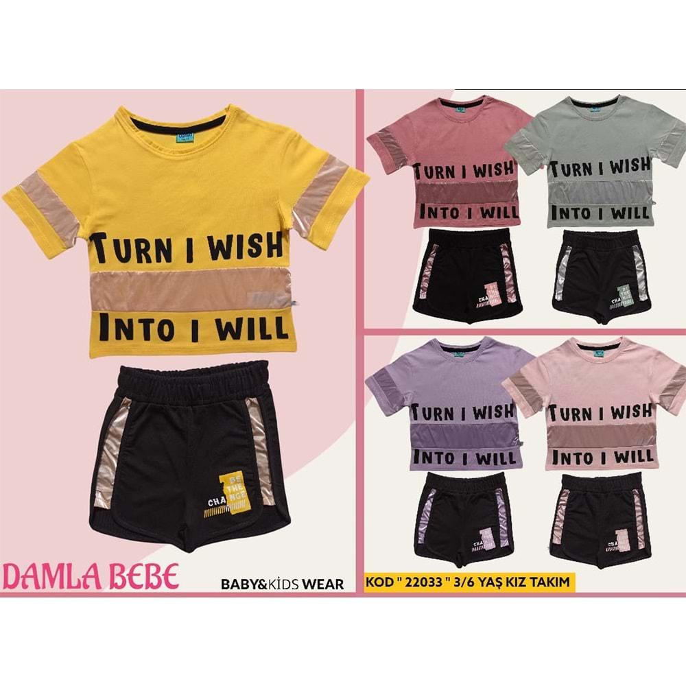 Damla 22033 Kız Çocuk Turn I Wish Baskılı Şortlu Takım 3-6 Yaş - Sarı