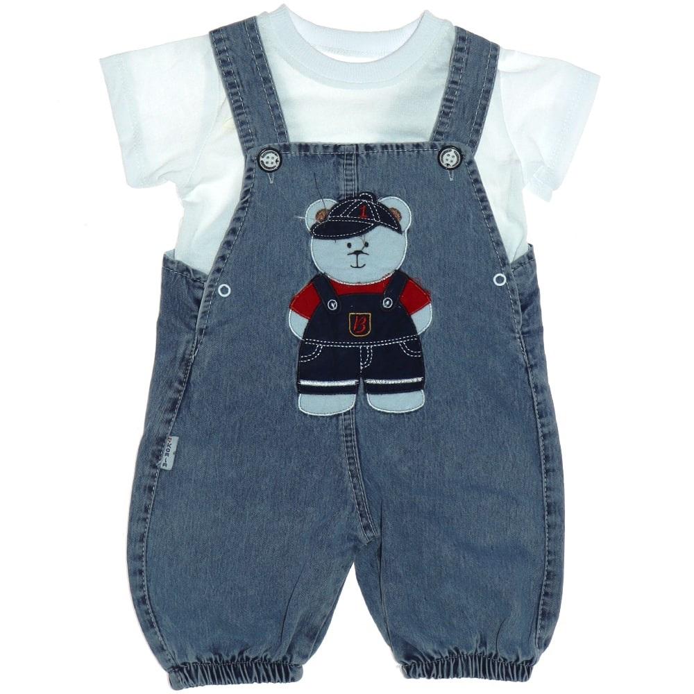 My Koala 0303 Erkek Bebe Şapkalı Ayıcık Nakışlı Kot Salopet Takım 12-18-24 Ay