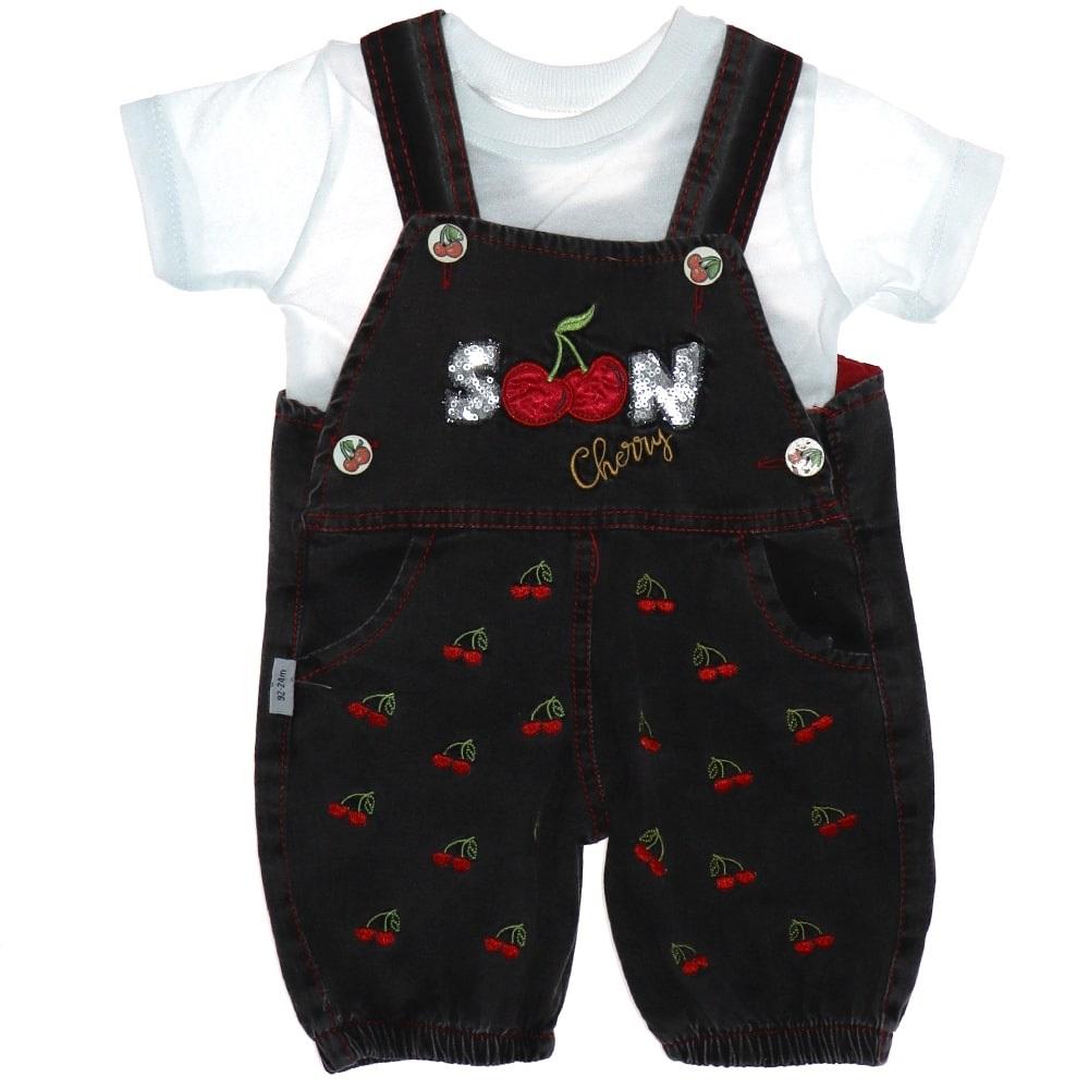 My Koala 0315 Kız Bebe Kiraz Nakışlı Kot Salopet Takım 12-18-24 Ay