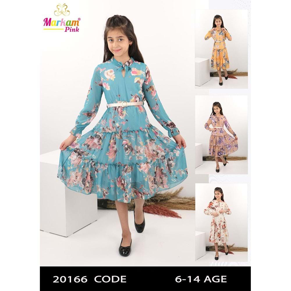 Markam 20166 Kız Çocuk U. Kol Desenli Yaka Kuşaklı Elbise 6-14 Yaş