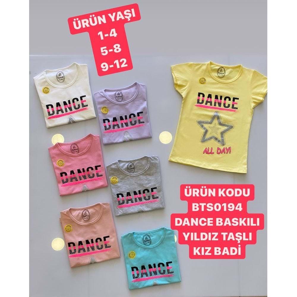 Bittoş 0194 Kız Çocuk Dance Baskılı Yıldız Taşlı Penye Tişört 5-8 Yaş