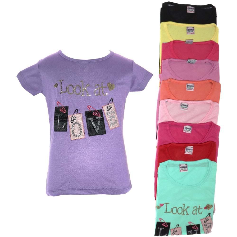 Azranur 10023 Kız Çocuk Look At Love Nakışlı Tişört 8-12 yaş - Lila - 8-12 YAŞ