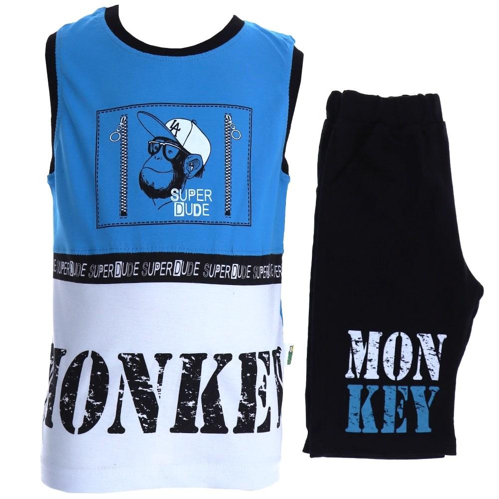 Piti 606 Erkek Çocuk Monkey Bas.Sıfır kol Şortlu Takım 5-8 Yaş - Mavi - 5-6-7-8 YAŞ