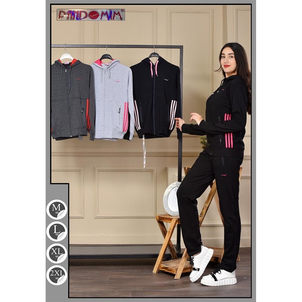 Trinta 2860 Bayan Kapşonlu Şeritli Eşofman Takım M-2XL- Lacivert - M-L-XL-2XL