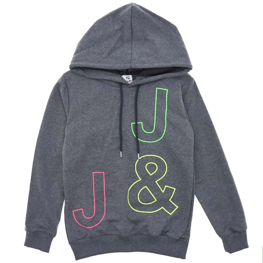 Jojo 4007 Kız Çocuk J&J Baskılı Garson Kapşonlu Sweatshirt 9-12 Yaş - Füme