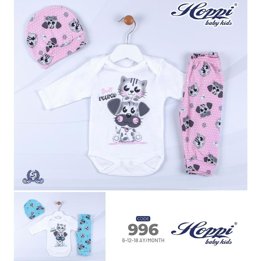 Hoppi Baby 996 Kız Bebe Dog&Cat Bas. Badili 3 lü Takım 6-12-18 Ay - Pembe - 6-12-18 AY