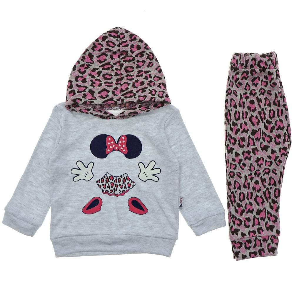 Blue Armi 679 Kız Bebe Mickey Leoparlı Kapşonlu 2 li Takım 6-18 Ay