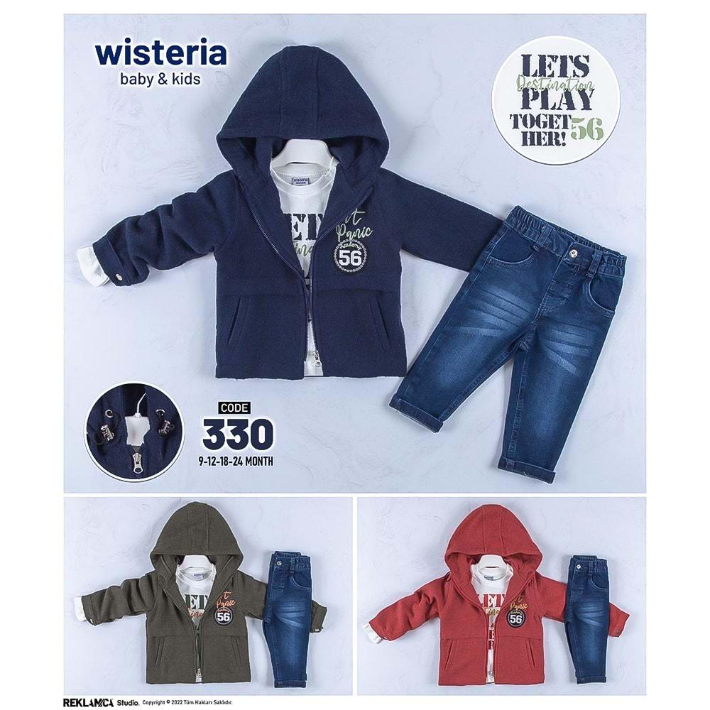 Wisteria 330 Erkek Bebe Kapşonlu Dont Panic Nakışlı 3Lü Takım 9-24 Ay
