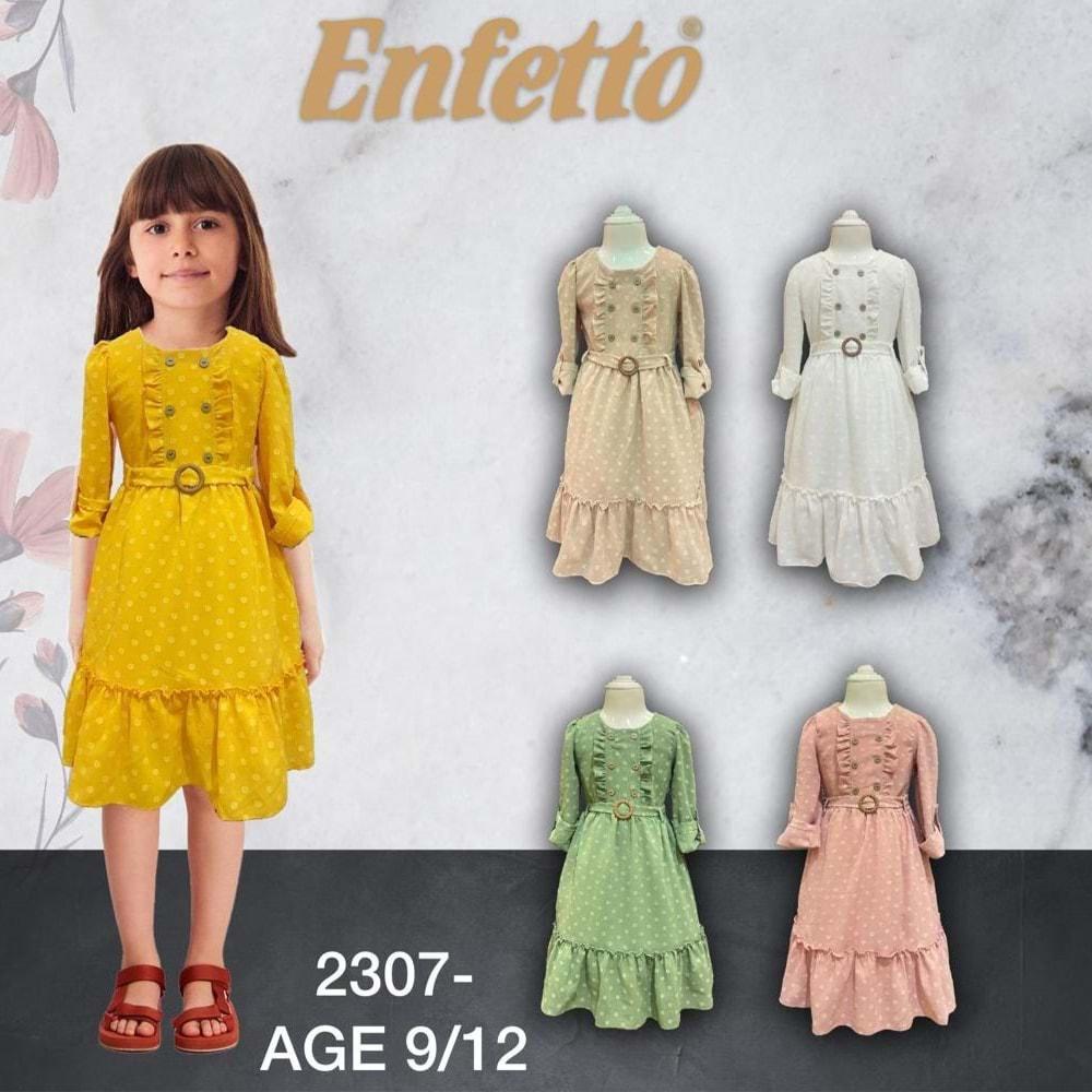 Enfetto 2307 Kız Çocuk Fırfırlı Düğmeli Kemerli Elbise 9-12 Yaş