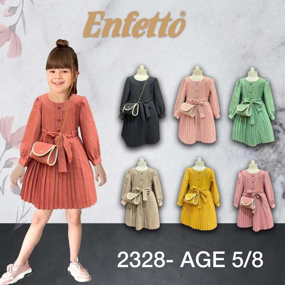 Enfetto 2328 Kız Çocuk Piliseli 3 Düğmeli Çanta Aks Kemerli Elbise 5-8 Yaş