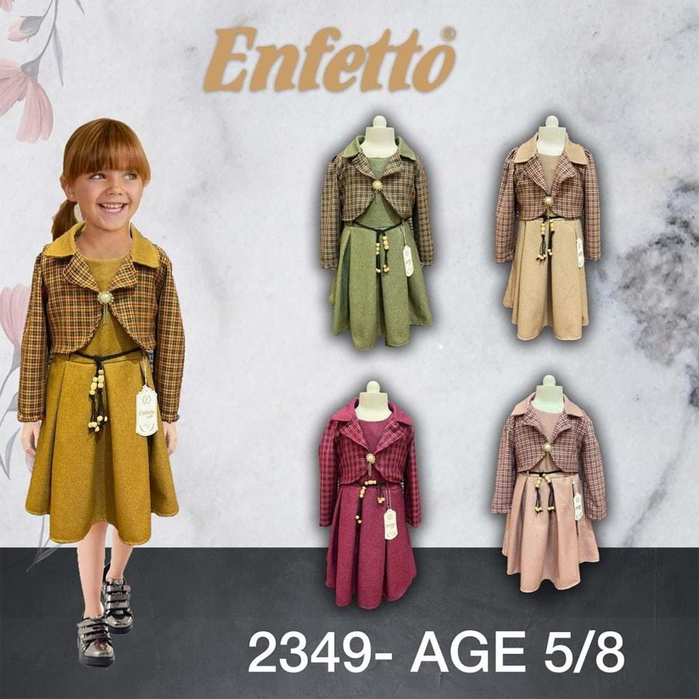 Enfetto 2349 Kız Çocuk Kare Desenli Pliseli Kemerli Ceketli Elbise 5-8 Yaş
