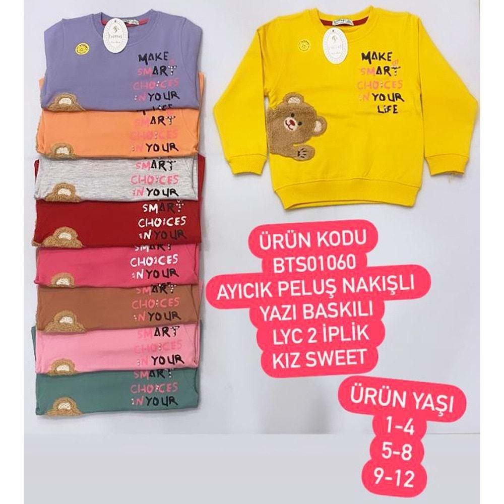 BTS01060 Kız Çocuk Ayıcık Peluş Nak Yazı Bas Şardonlu 2 İp Sweat 9-12 Yaş