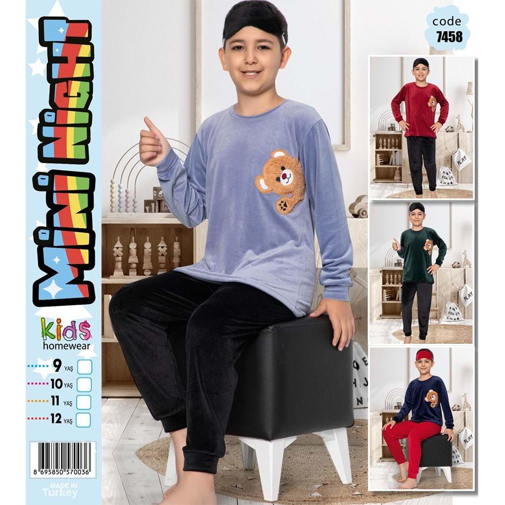 Mini Night 7458 Erkek Çocuk Kadife Ayı Nak Pijama Takımı 5-8 Yaş