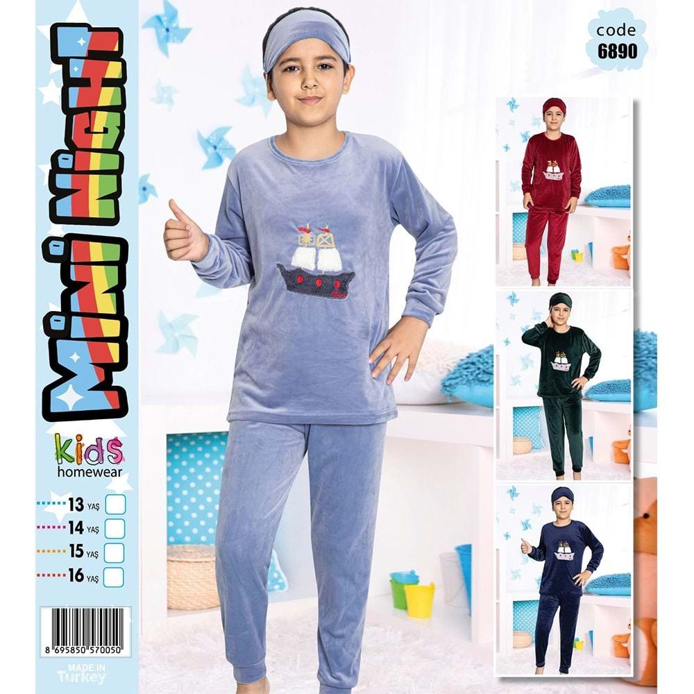 Mini Night 6890 Erkek Çocuk Kadife Gemi Nak Pijama Takımı 9-12 Yaş