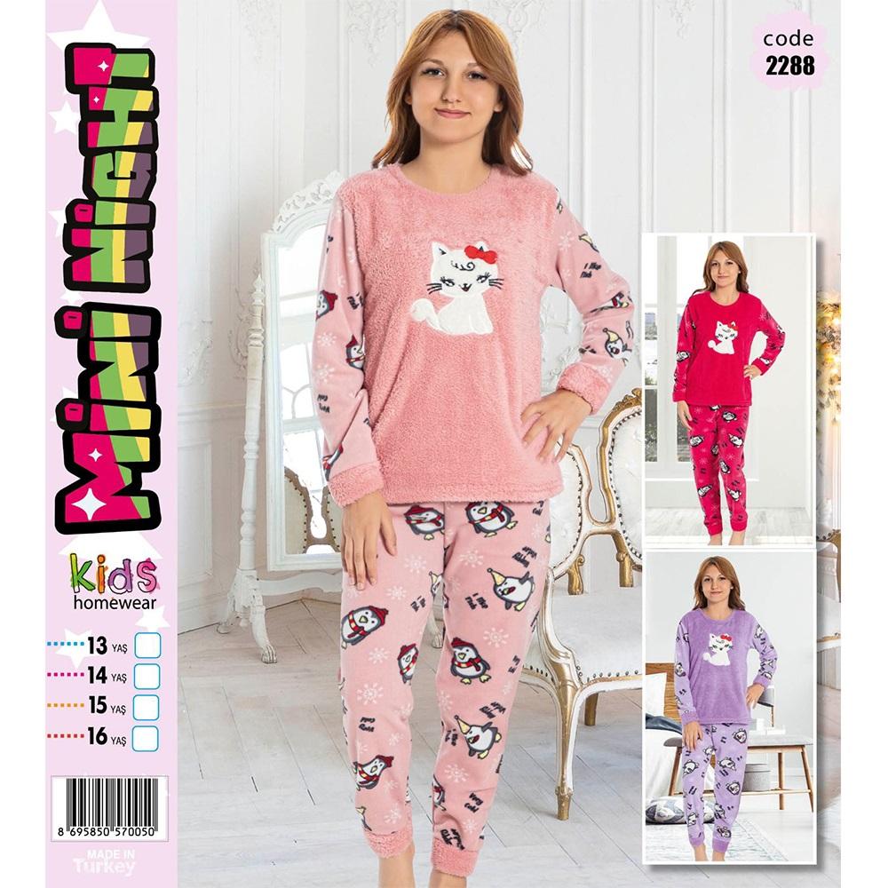 Mini Night 2288 Kız Çocuk Welsoft Kedi Nak Pijama Takımı 9-12 Yaş