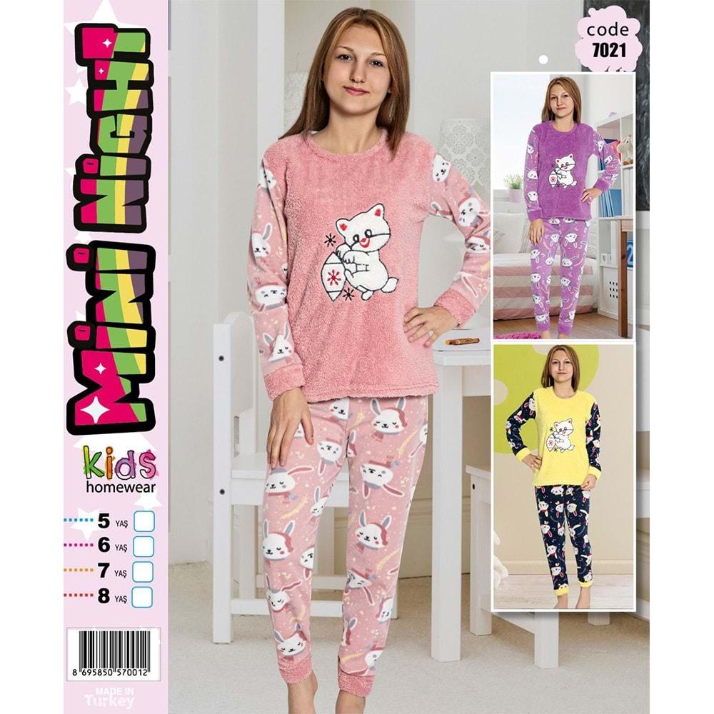 Mini Night 7021 Kız Çocuk Welsoft Tavşan Nak Pijama Takımı 5-8 Yaş