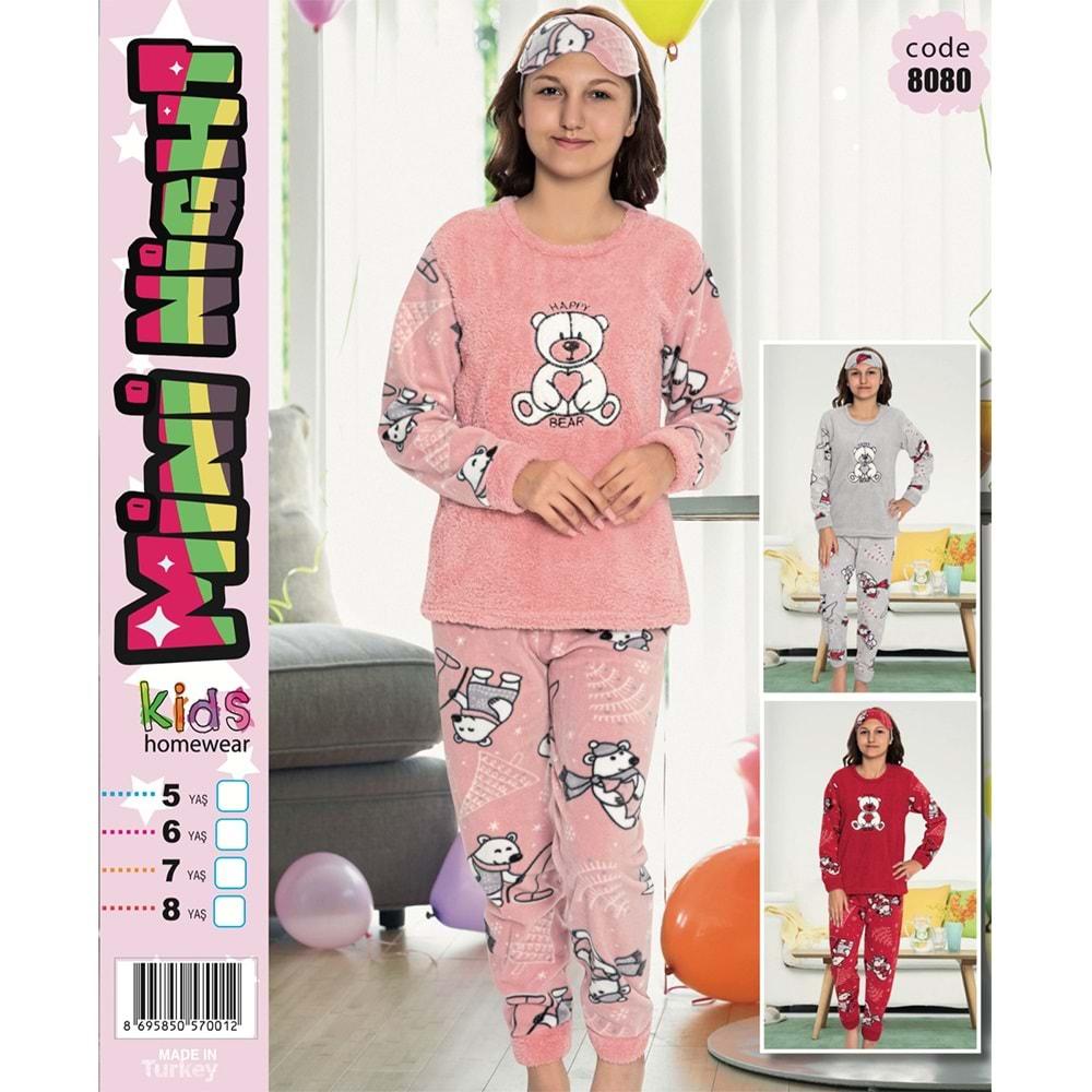 Mini Night 8080 Kız Çocuk Welsoft Ayı Nak Pijama Takımı 5-8 Yaş
