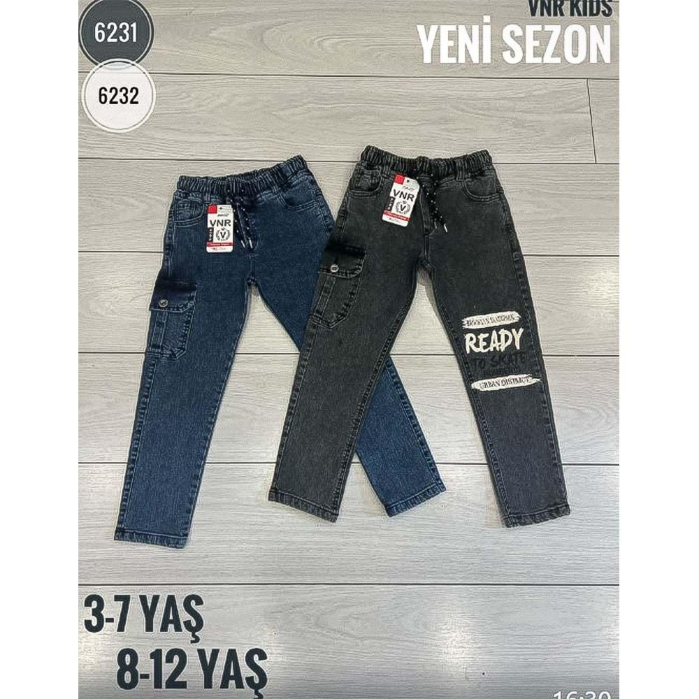 VNR 6231 Erkek Çocuk Kom Cep Baskılı Lastikli Kot Pantolon 3-7 Yaş