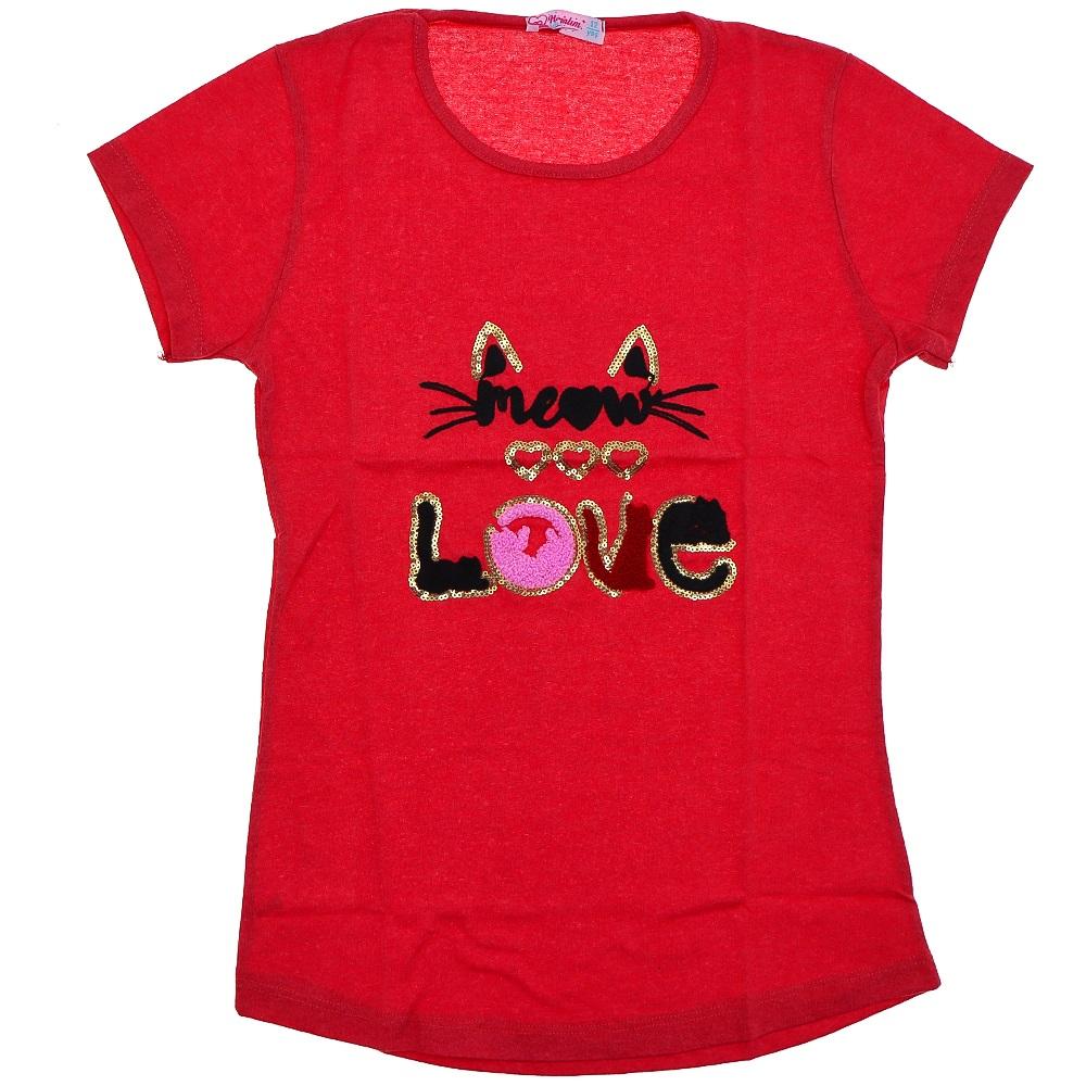 Arya 1007 Kız Çocuk Penye Meow Nakışlı Tişört 8-12 Yaş