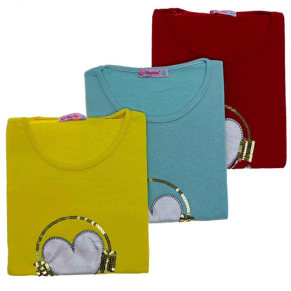 Arya 1013 Kız Çocuk Penye Pullu Kalp Nakışlı Tişört 3-7 Yaş