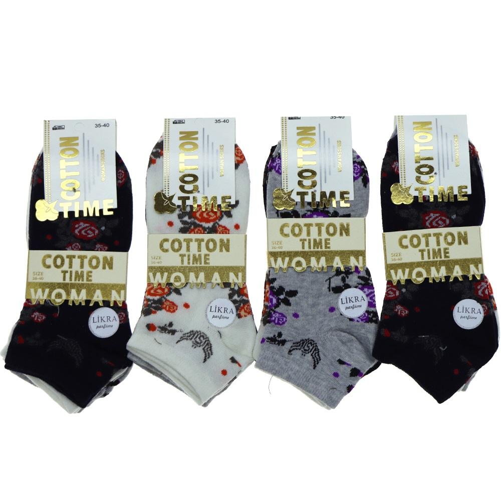 Özsa Cotton Tıme Bayan Likralı Parfümlü Desenli Koton 3 Lü Patik Çorap