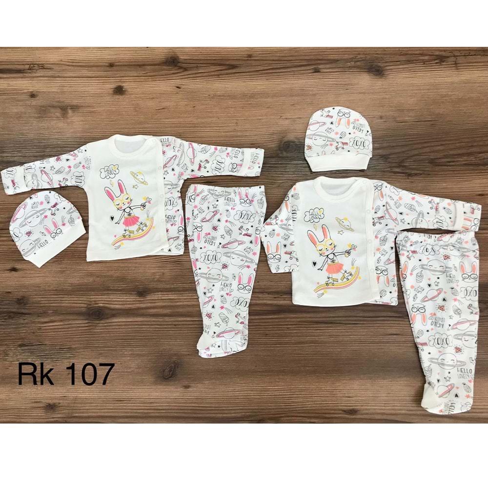 Rakun Baby 107 Bebe Galaksi Tavşan Baskılı Kendinden Eldivenli Şapkalı 3 Lü Zıbın Takımı 0-3 Ay