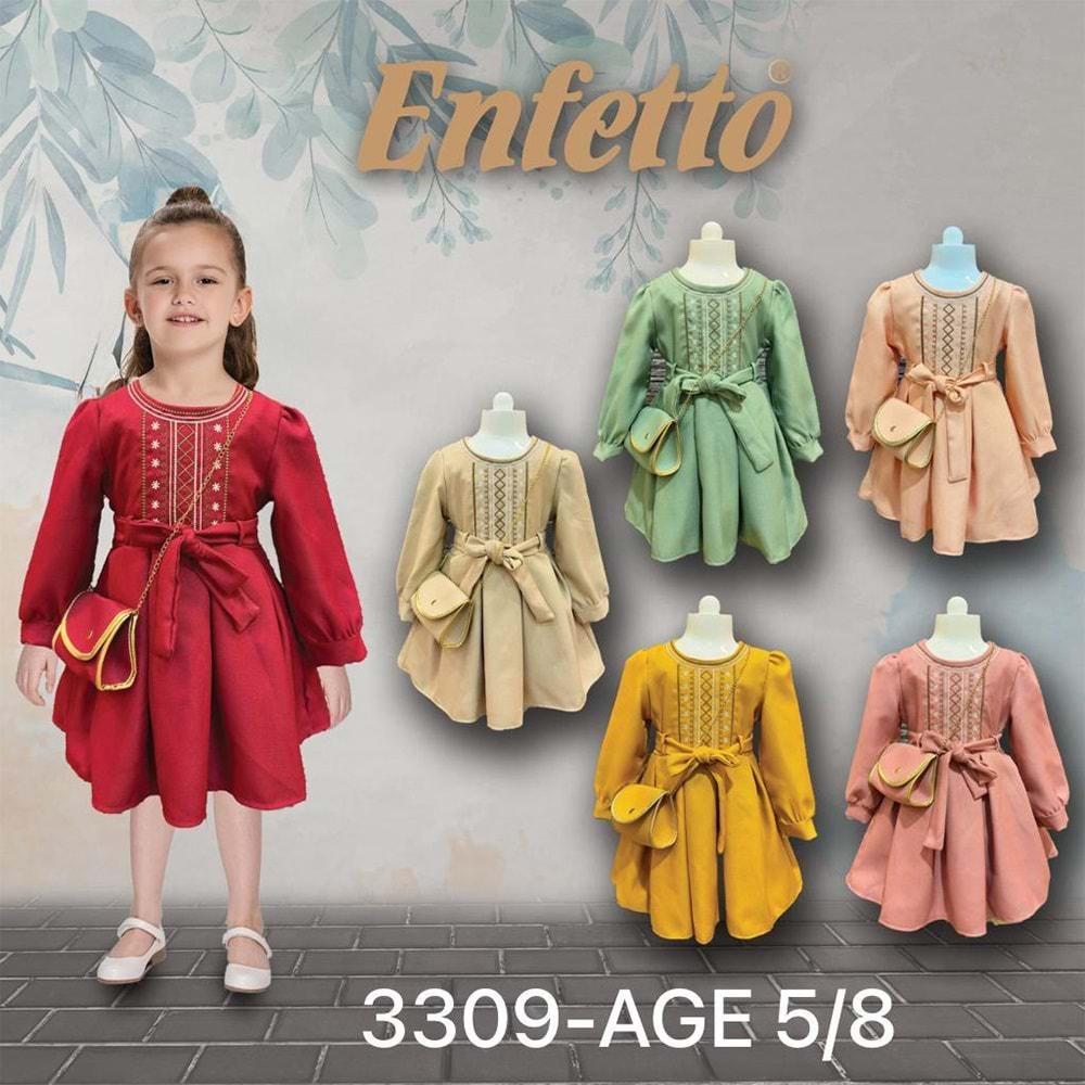 Enfetto 3309 Kız Çocuk Nakışlı Çanta Aks Kemerli Elbise 5-8 Yaş