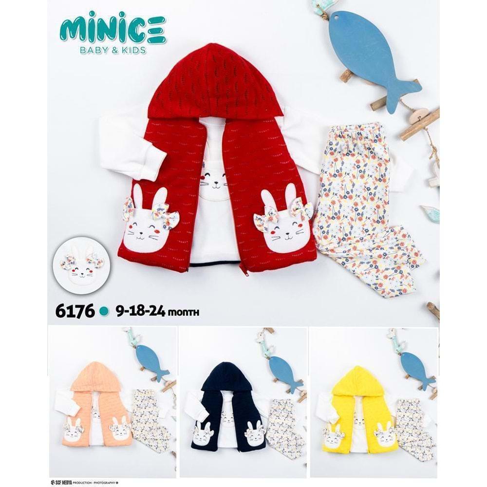 Minice 6176 Kız Bebe Tavşan Nakışlı 3 lü Penye Takım 9-18-24 Ay