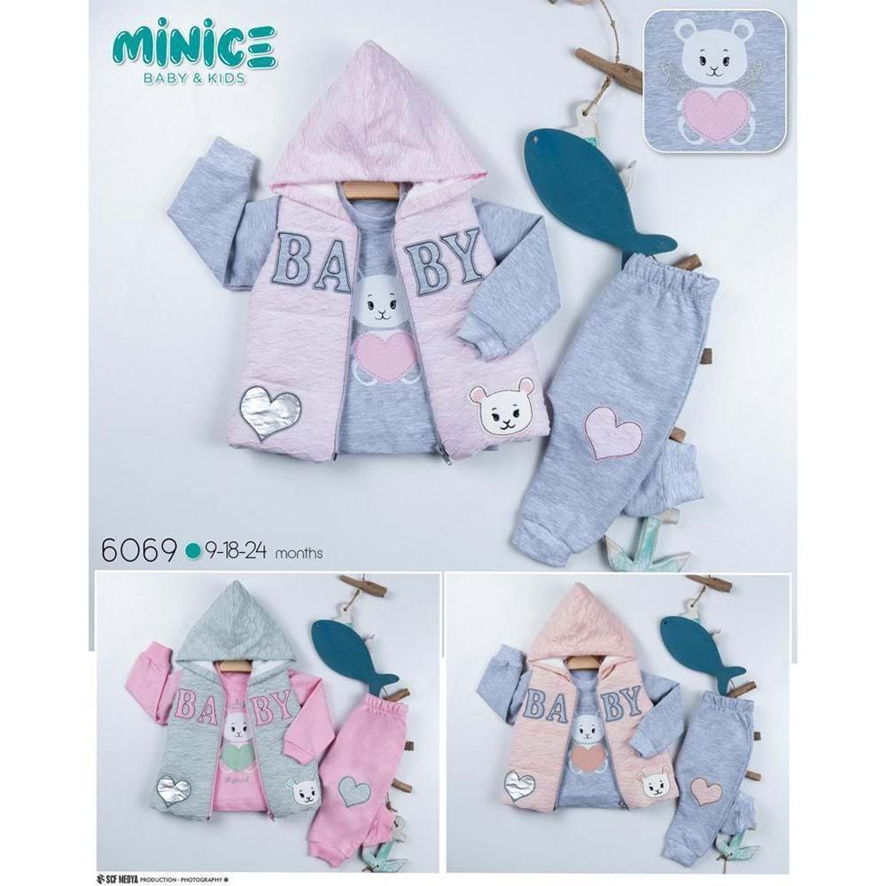 Minice 6069 Kız Bebe Baby Nakışlı 3 lü Penye Takım 9-18-24 Ay