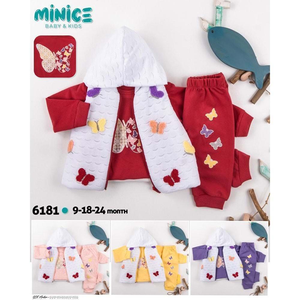 Minice 6181 Kız Bebe Kelebek Süzine Nakışlı 3 lü Penye Takım 9-18-24 Ay