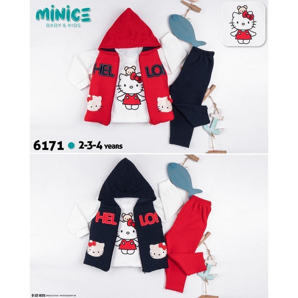 Minice 6171 Kız Bebe Hello Nakışlı 3 lü Penye Takım 2-3-4 Yaş