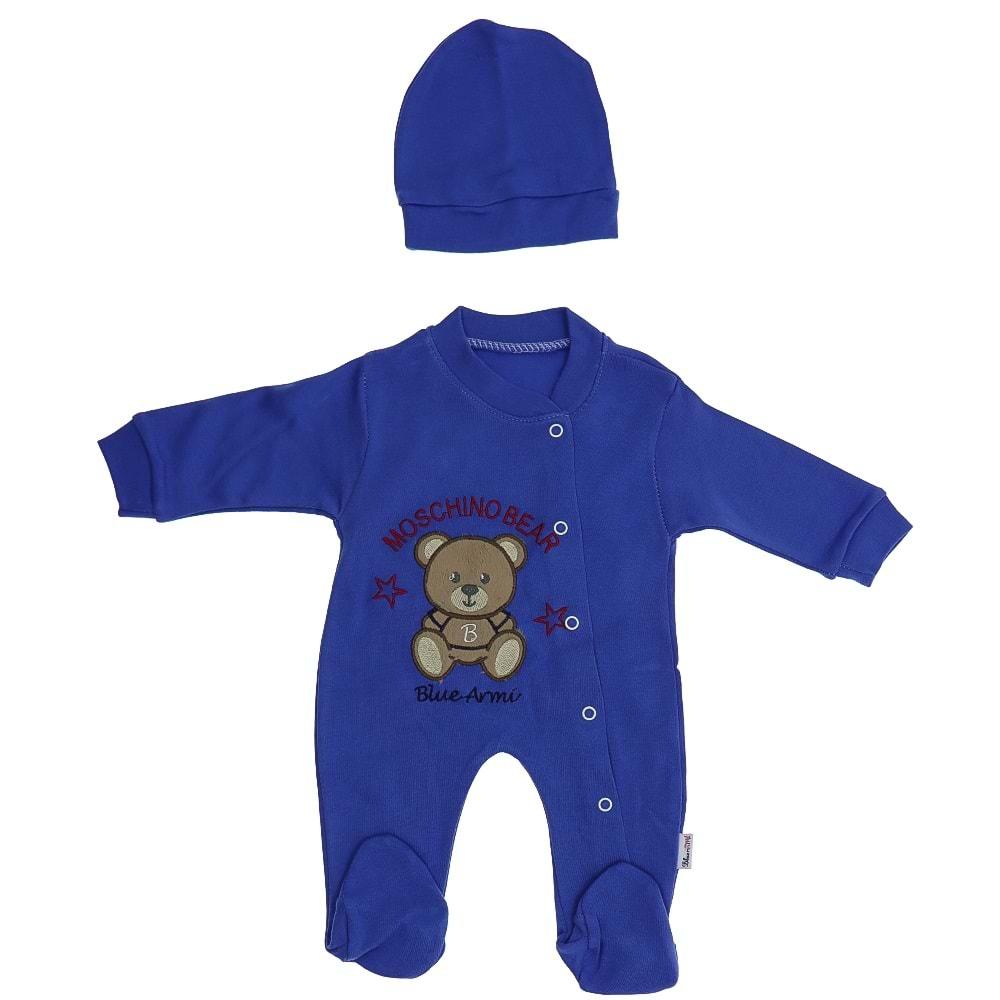 Blue Armi 795 Penye Erkek Bebe Moshıo Bear Ayıcık Nakışlı Tulum 3-6-9 Ay