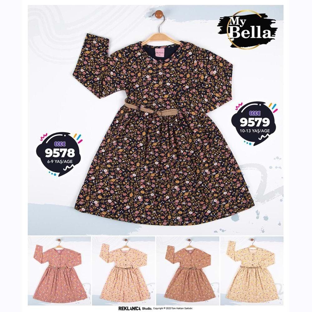 My Bella 9578 Kız Çocuk Çiçekli Kemerli Penye Elbise 6-9 Yaş